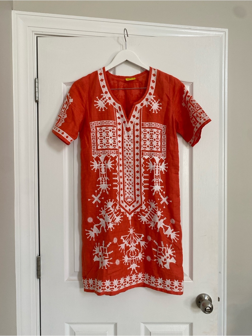Roberta Roller Rabbit 100% Linen Coral and White Embroidered Mini Dress
